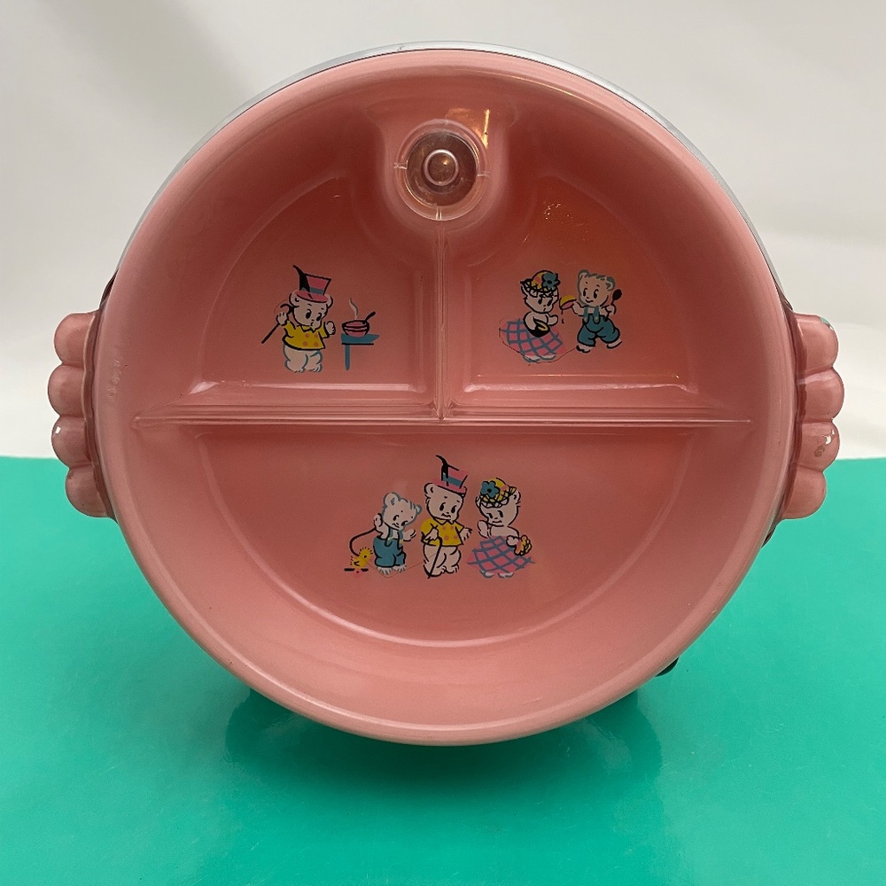 vintage 50s baby bowl, pink, baby food warmer dish